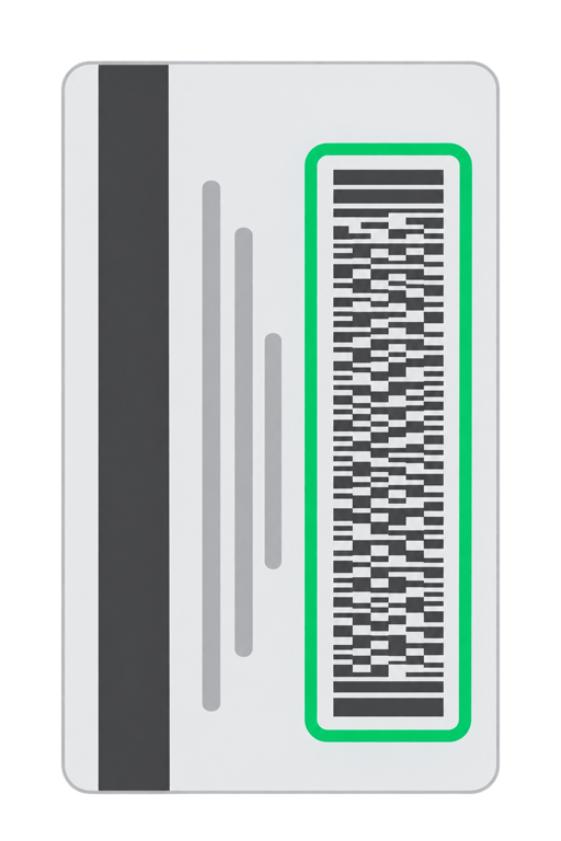Fictional ID card back with a green rectangle around its vertical barcode